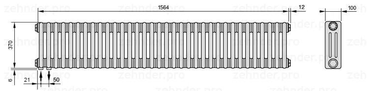 Схема (чертеж) Радиатор Zehnder Charleston 3037/34 №3370 Белый глянцевый RAL 9016